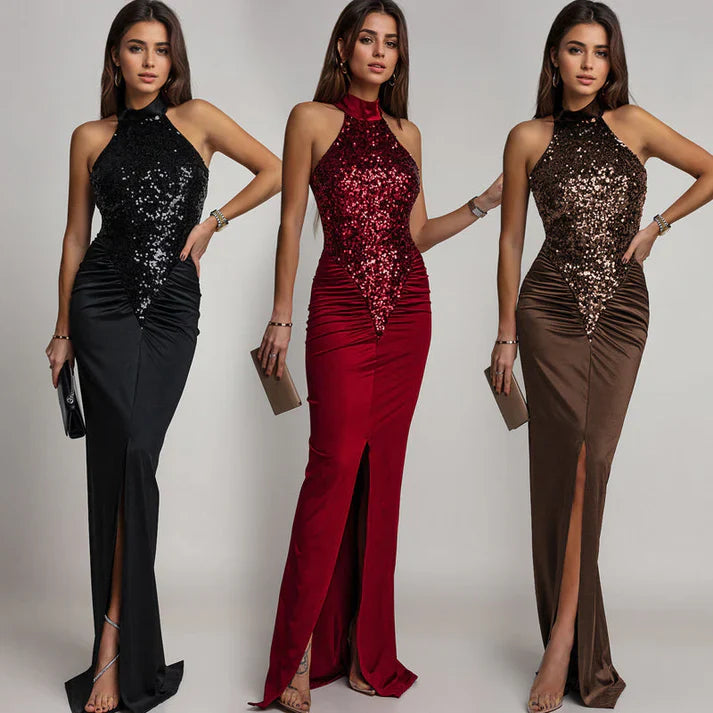 Yara - Vestido halter con abertura y lentejuelas