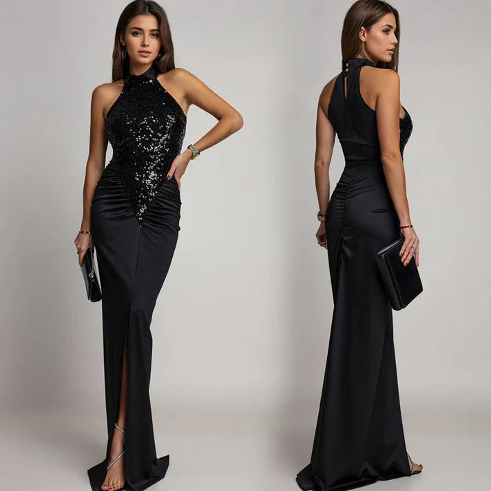 Yara - Vestido halter con abertura y lentejuelas