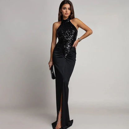 Yara - Vestido halter con abertura y lentejuelas