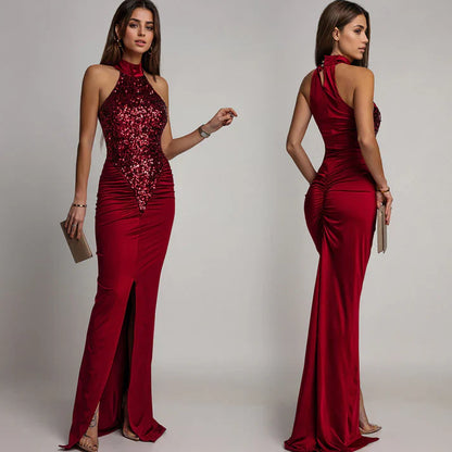 Yara - Vestido halter con abertura y lentejuelas
