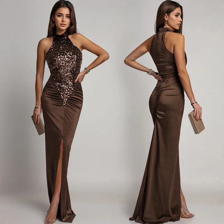 Yara - Vestido halter con abertura y lentejuelas
