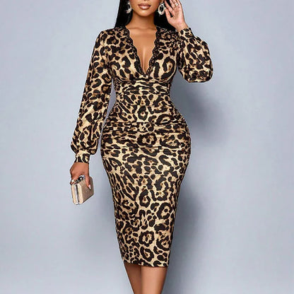 Fátima - Vestido midi de leopardo con encaje y escote en V