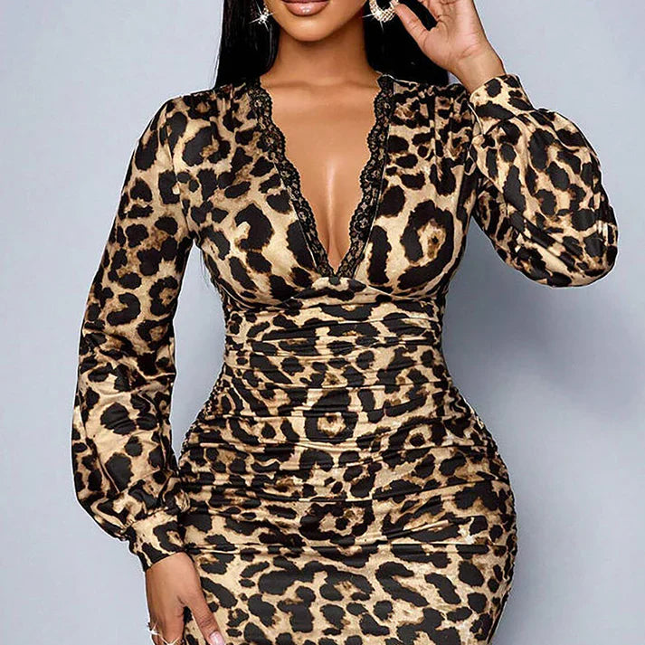 Fátima - Vestido midi de leopardo con encaje y escote en V