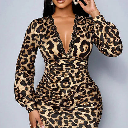 Fátima - Vestido midi de leopardo con encaje y escote en V