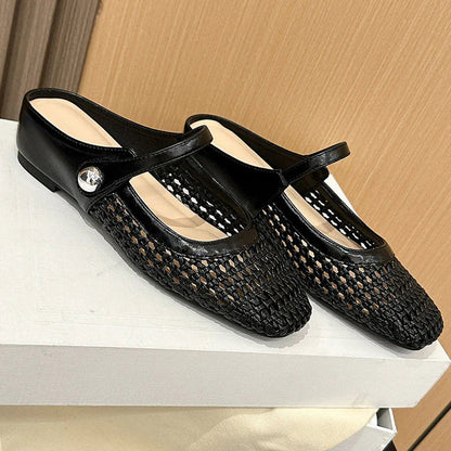 Maite - Mules de tejido trenzado con punta cuadrada y cierre Mary Jane