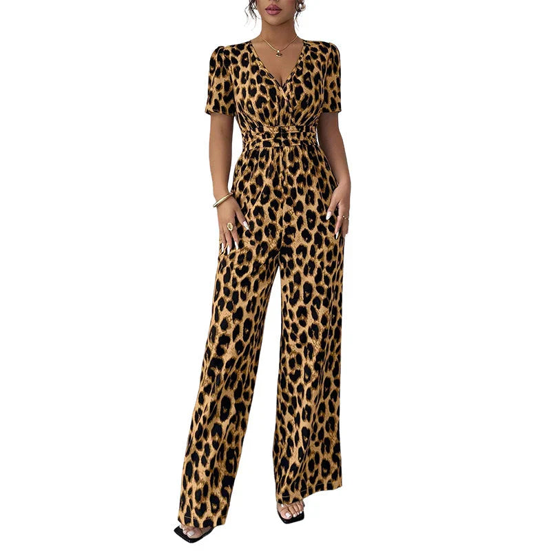 Rebeca - Mono de leopardo con escote en V y pierna ancha