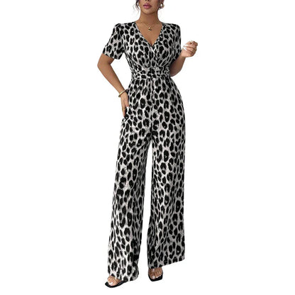 Rebeca - Mono de leopardo con escote en V y pierna ancha
