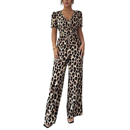 Rebeca - Mono de leopardo con escote en V y pierna ancha