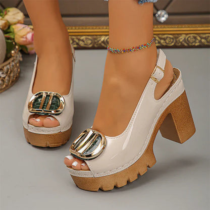 Eva - Sandalias peeptoe de tacón ancho con hebilla metálica