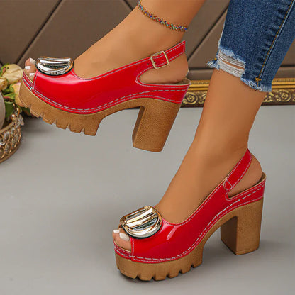 Eva - Sandalias peeptoe de tacón ancho con hebilla metálica