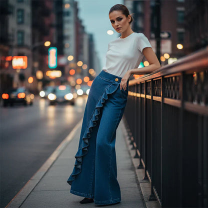 Violeta - Pantalones vaqueros asimétricos con volante y pierna ancha