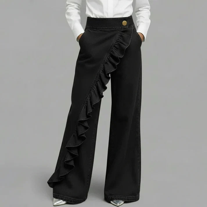Violeta - Pantalones vaqueros asimétricos con volante y pierna ancha